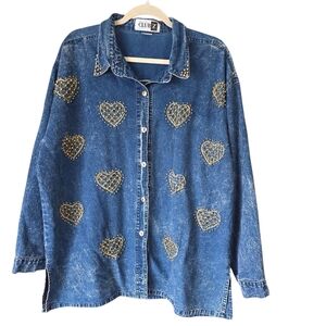 Vintage Club Z Denim Jean Shirt‎ Jacket Embellished Gold Hearts Beaded Oversized